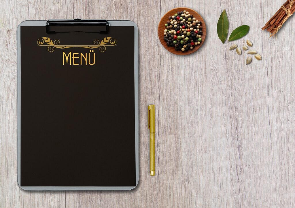 menu, table, terminal board, pen, ballpoint pen, herbs, spices, cinnamon, shell, label, copy space, black, restaurant, coffee shop, bistro, describe, self-labeling, template, information, a notice, info, background image, decoration, menu, menu, menu, menu, menu